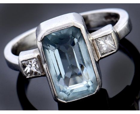 An aquamarine and diamond ring, c2000, in platinum, convention mark, 6.7g, size M  Light wear scratches