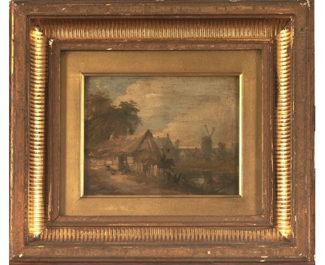 English School, 19th c - Village Scene with Woman by a Cottage Door and Windmill, oil on artist's board, 16.5 x 21.5cm  Light