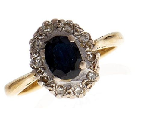 A sapphire and diamond cluster ring, in 18ct gold, 2.9g, size G½  Good condition