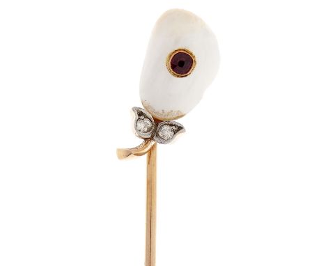 A gold stickpin, with ruby, diamond and baroque pearl terminal, c1900, terminal 16mm, unmarked, 1.8g  Good condition