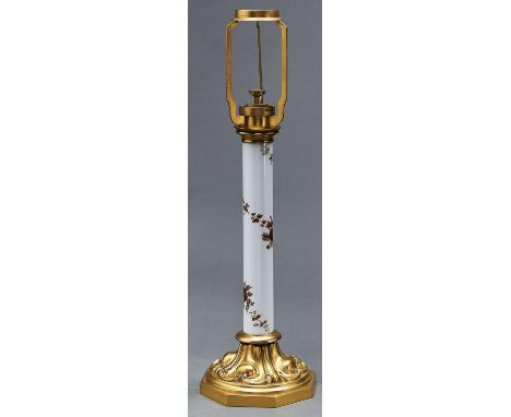 A Victorian brass mounted and enamelled opal glass candle lamp, Palmer &amp; Co patent, mid 19th c, the shaft with continuous