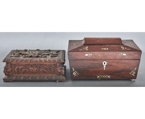 An early Victorian rosewood and mother of pearl inlaid tea caddy, of sarcophagus shape with fitted interior, 30cm l and a car