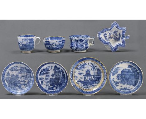 A Coalport fluted blue and white trio, c1800, printed with the Banana Tree pattern, saucer 14cm diam, collector's label and f