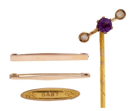 A gold stick pin with amethyst and split pearl terminal, c1900, terminal 12mm, marked 9c, a gold baby brooch and two others, 