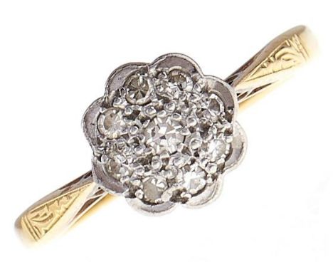 A diamond cluster ring, in gold marked 18ct PLAT, 2.7g, size L  Good condition