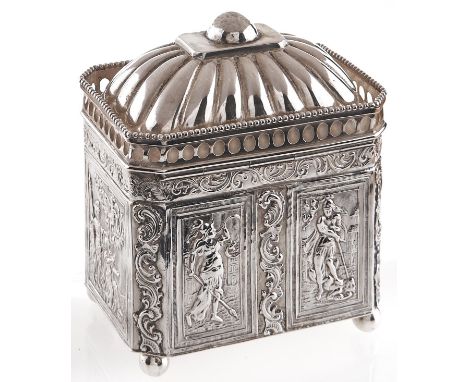 A Dutch silver tea caddy, the domed lid with pierced gallery, the sides embossed with figures, 11cm h, spurious 18th c marks 