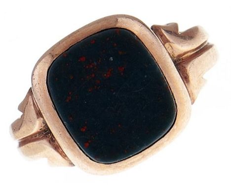 A bloodstone signet ring, in 9ct gold, marks rubbed, 3.6g, size J  Hoop worn