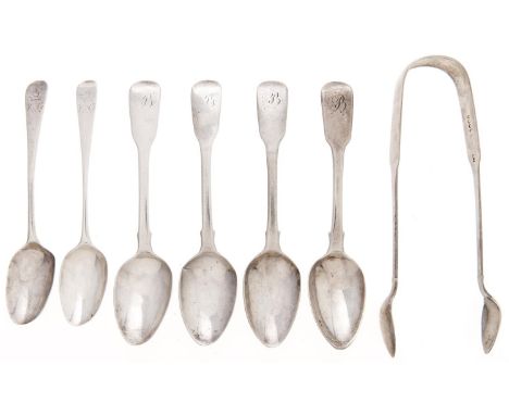 Four George IV silver teaspoons, Fiddle pattern, marks rubbed, London 1822, a further pair of teaspoons and a pair of Irish s