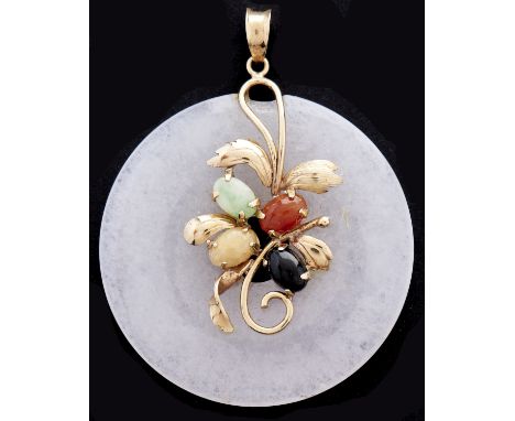 A gem set gold mounted jade bi disc pendant, 11.6g  Chipped when mounted