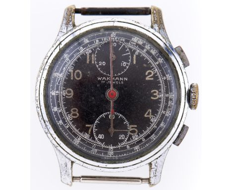 A Wakmann stainless steel chronograph wristwatch, with black dial, 35mm  