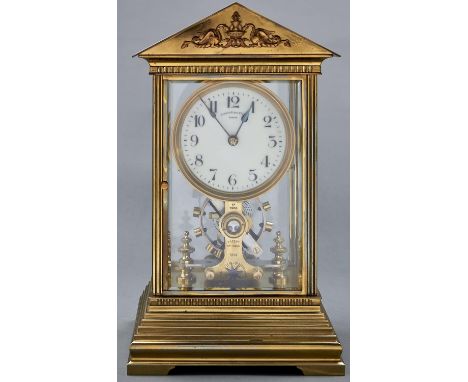 Eureka. A brass four glass electric mantel timepiece, No 7983, c1910, in architectural style case with triangular pediment, o