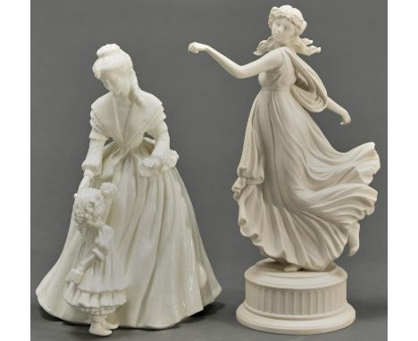 A Wedgwood biscuit Dancing Hours figure, 1993, 24.5cm h, black printed mark, numbered 7438 and a Royal Worcester glazed porce