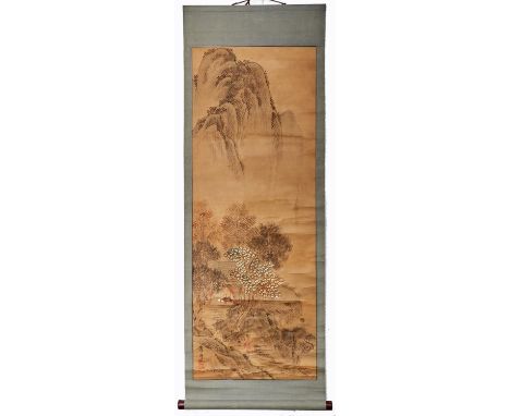 A Chinese scroll, painted with an extensive mountainous landscape with lake, a figure standing on a promontory looking at two