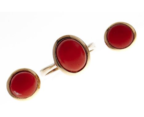 A pair of coral ear studs and a similar ring, both in gold, 5.6g  Good condition