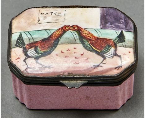 Cockfighting. A Continental enamel patch box, 19th / 20th c, in 18th c English style, the lid painted with fighting cocks, th