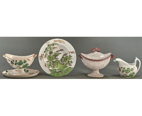 Two Spode creamware sauce tureens, early 19th c, patterns 1504 and 1665, one with cover, 11 and 14cm h, a Spode bone china cr