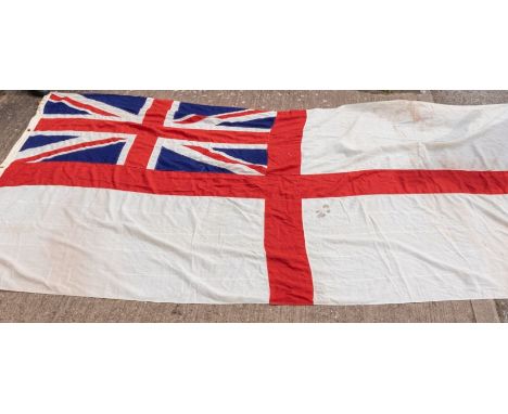 A Royal Navy battle flag ensign, panel stitched St George's Cross with Union Jack to top left, circa WWII era, approx 376cm x