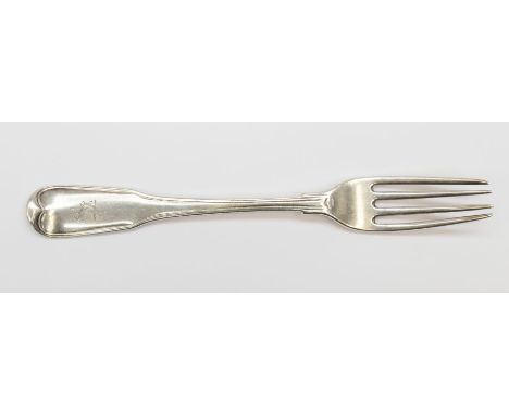 A George III silver table fork, the reverse engraved with the crest of Prince Regent, later George IV, makers mark Thomas Wal