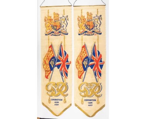 A rare pair of Royal commemorative crepe paper pennants, celebrating the coronation of George VI 1937, screen printed in red,