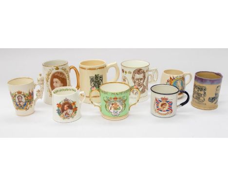 A collection of commemorative mugs and beakers including Royal Dalton Edward VII Coronation celebrated at Ipstones by a publi