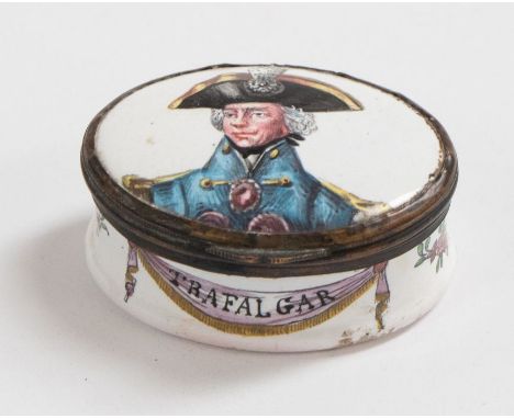 Nelson Interest - an early 19th century enamel patch box, the hinged cover painted with a portrait of Nelson, inscribed 'Traf
