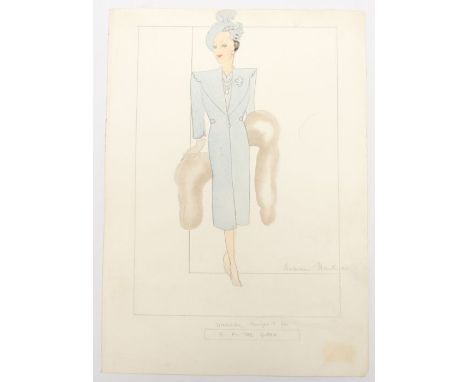 Royal Interest -  Sir Norman Hartnell (1901-79)House of Hartnell, an original pencil and gouache design sketch, blue dress wi