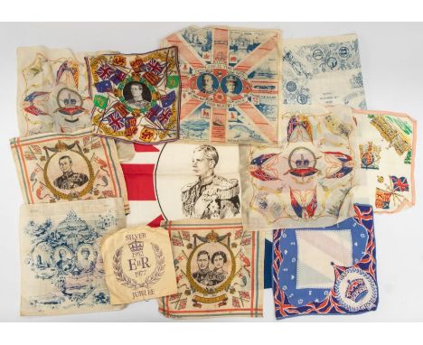 A collection of commemorative handkerchiefs, including George V and Queen Mary silver jubilee 1935, Edward VIII coronation 19