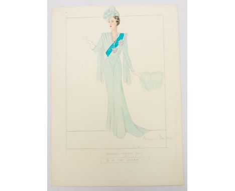 Royal Interest -  Sir Norman Hartnell (1901-79)House of Hartnell, an original pencil and gouache design sketch, blue dress wi