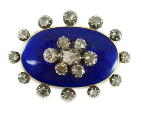 A 19th century gold, blue enamel and rose cut diamond set oval brooch, set with nineteen stones, 34mm, gross weight 8.7 grams