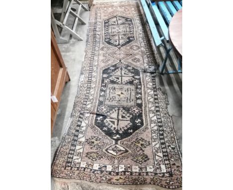A Caucasian blue ground runner (a/f), 300 x 94cm together with a North West Persian style machined blue ground runner