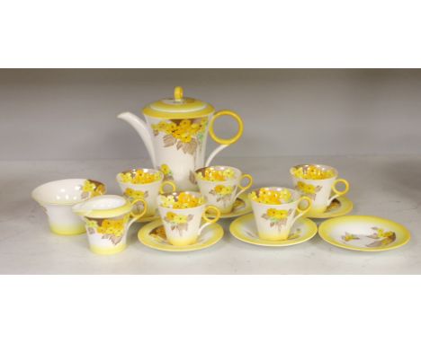 A Shelley “Yellow Phlox”, part tea service, one cup missing and one cup cracked,