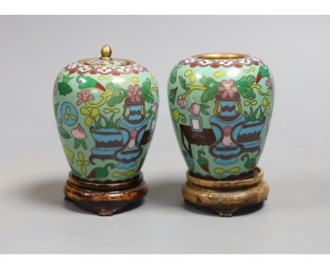 A pair of Chinese cloisonné enamel jars, wood stands, 9cm