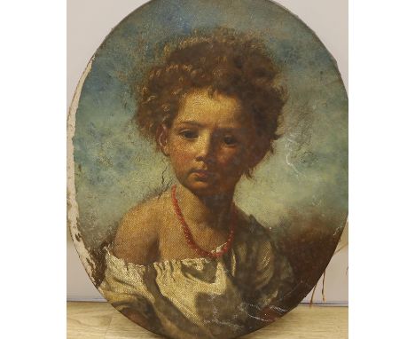 19th century Italian School, oil on canvas, Portrait of a girl wearing a coral bead necklace, 47 x 38cm, unframed (a.f.)