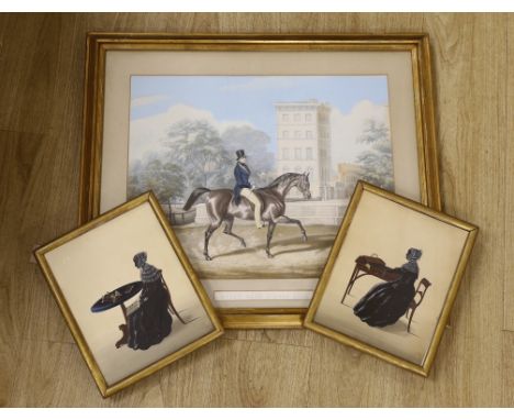 19th century English School, two painted silhouettes, Full length profiles of lady's seated at a table, indistinct Studio sta