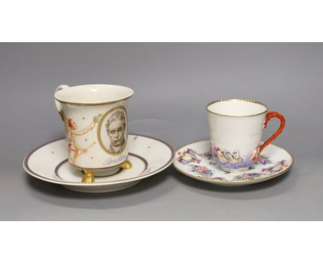 A KPM porcelain 100th anniversary of the death of Beethoven cup and saucer, painted with a portrait of Beethoven, celebrating
