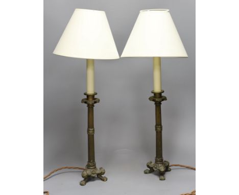 A pair of Empire style brass table lamps,31 high not including light fitting,