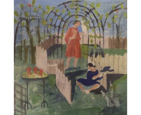 Barbara Jones (1912-1978), watercolour, Preparatory sketch of figures in a garden, 27 x 28cm