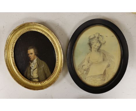 18th century English School, oil on canvas laid on board, Portrait of a gentleman, 18 x 14cm and a picture of a lady on silk 