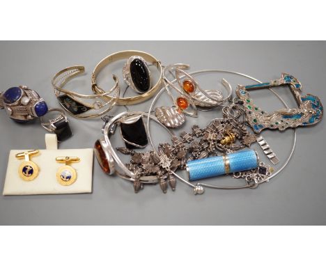 A quantity of assorted mainly costume jewellery, including white metal and lapis lazuli pendant, silver and amber hinged bang