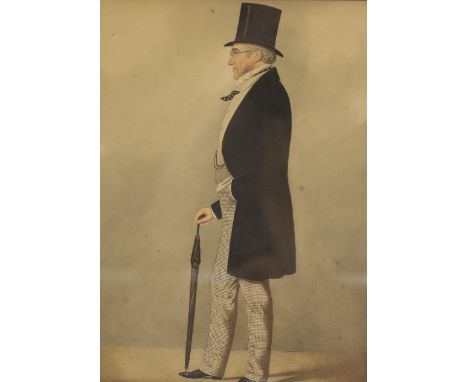 Attributed to Richard Dighton (1795-1880), watercolour, Portrait of a Victorian gentleman, 26 x 19cm, maple framed