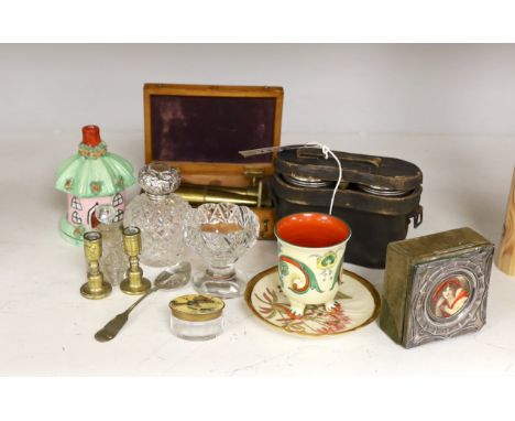 A Victorian silver topped bottle and box, silver spoon, enamel topped box, opera glasses, a portable microscope etc,