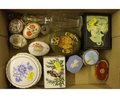 A box containing enamel and porcelain trinkets boxes etc.