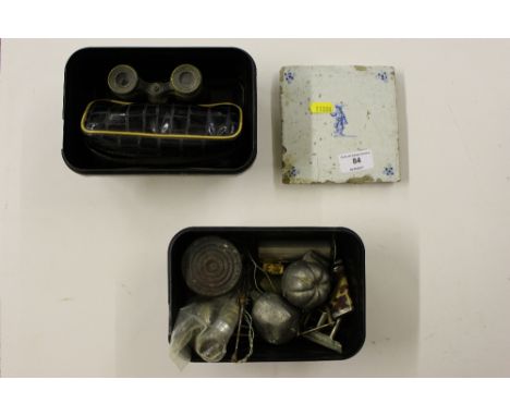 A Delft blue and white tile; two pairs of opera glasses; small glass bottles; and various sundries etc. 