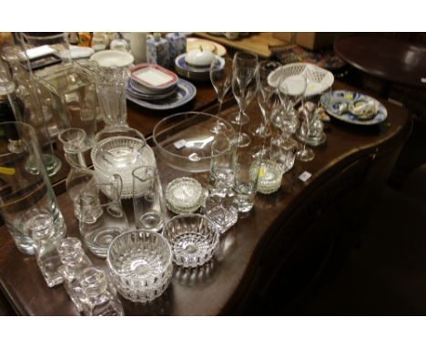 A quantity of various glassware; a white glazed pierced basket; two china trinket boxes etc.