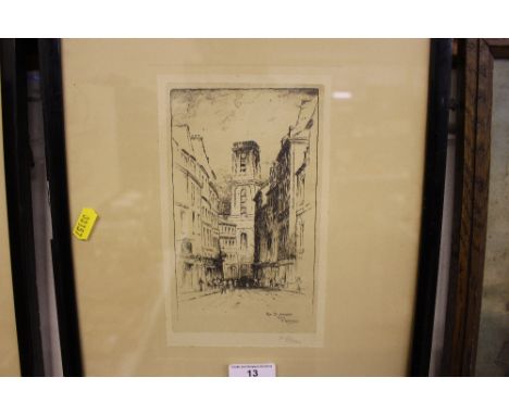 F Robson, two pencil signed etchings depicting a Parisian scene, and Brussels Gate; together with two F Robson pints