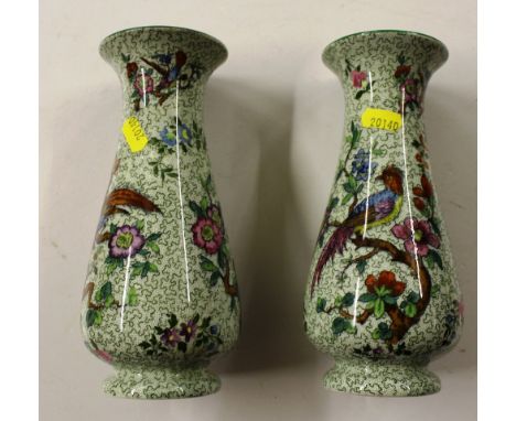 A pair of Copeland Spode vases decorated with birds amongst foliage