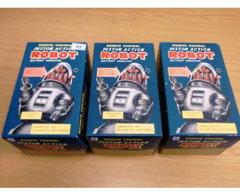 3 BOXED SILVER PISTON ACTION ROBOTS BY HA HA TOY