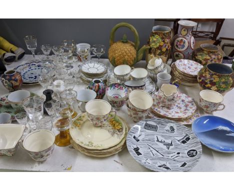 A mixed lot to include a 19th century Chinese celadon plate, Royal Winton Grimswades vases, Homemaker plates, Aynsley part te