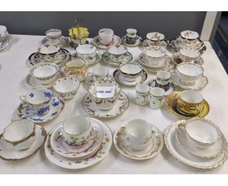 A selection of 19th century and later, mainly teacups and saucers to include George Jones Crescent china, Royal Worcester and