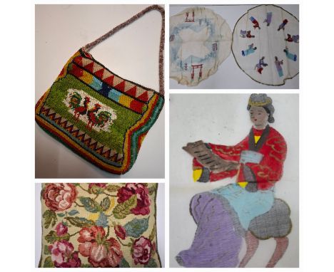 Decorative textiles comprising 2 Japanese circular mesh panels with hand painted figures to one and gardens with pagodas to t